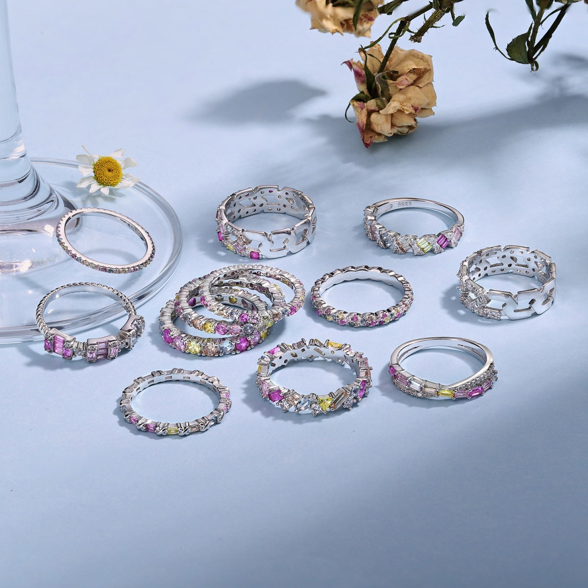 [Rose Jewels]Ornate Colorful Round Cut Tennis Ring