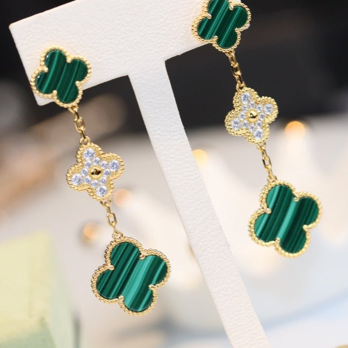 [ROSE]CLOVER EARRINGS GOLD MALACHITE DIAMOND 3 MOTIF