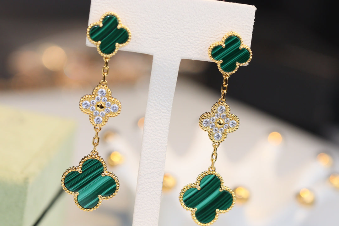 [ROSE]CLOVER EARRINGS GOLD MALACHITE DIAMOND 3 MOTIF