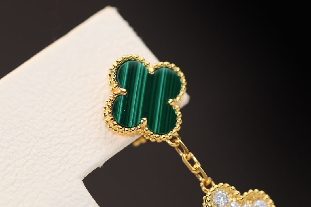 [ROSE]CLOVER EARRINGS GOLD MALACHITE DIAMOND 3 MOTIF