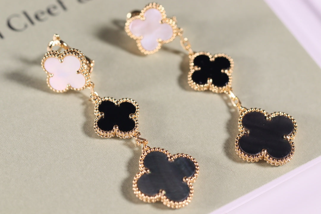 [ROSE]CLOVER EARRINGS GOLD ONYX MOP 3 MOTIF