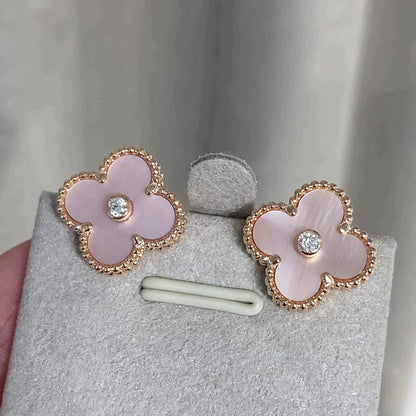 [ROSE]CLOVER MEDIUM 1 MOTIFS  PINK MOP DIAMOND EARRINGS