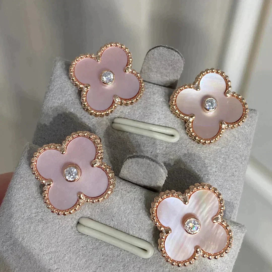 [ROSE]CLOVER MEDIUM 1 MOTIFS  PINK MOP DIAMOND EARRINGS