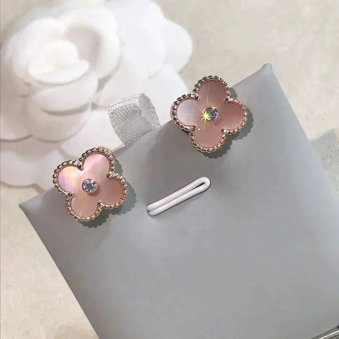 [ROSE]CLOVER MEDIUM 1 MOTIFS  PINK MOP DIAMOND EARRINGS