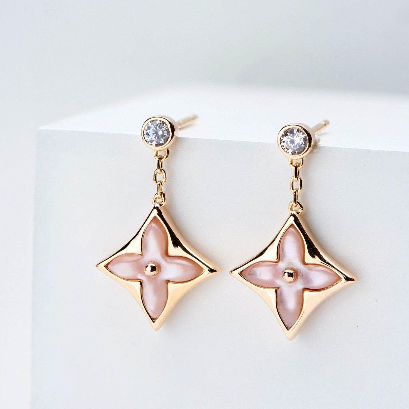 [Rose Jewels]DOUBLE STAR PINK GOLD MOP DROP EARRINGS