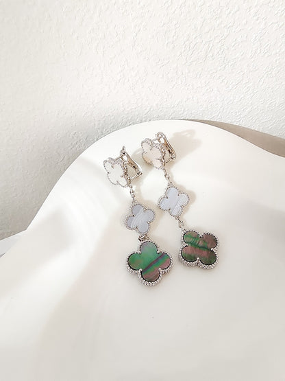 [ROSE]CLOVER 3 MOTIFS CHALCEDONY DARK MOP SILVER EARRINGS