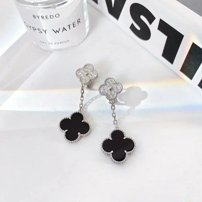 [ROSE]CLOVER 2 MOTIFS  DIAMOND ONYX EARRINGS SILVER