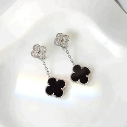 [ROSE]CLOVER 2 MOTIFS  DIAMOND ONYX EARRINGS SILVER