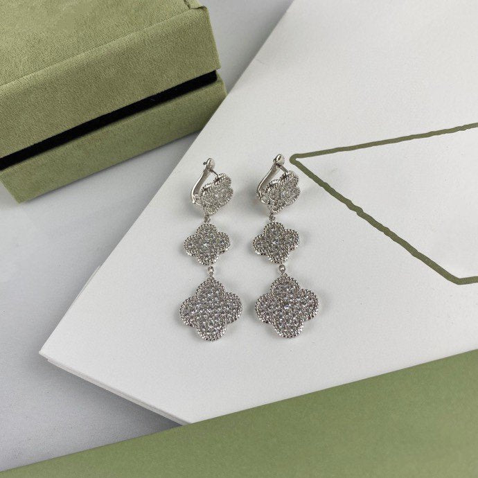 [ROSE]CLOVER 3 MOTIF DIAMOND SILVER DROP EARRINGS