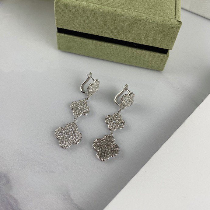 [ROSE]CLOVER 3 MOTIF DIAMOND SILVER DROP EARRINGS