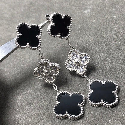 [ROSE]CLOVER 3 MOTIF DIAMOND ONYX SILVER EARRINGS