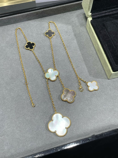 [ROSE]CLOVER 6 MOTIF MOP ONYX GOLD NECKLACE