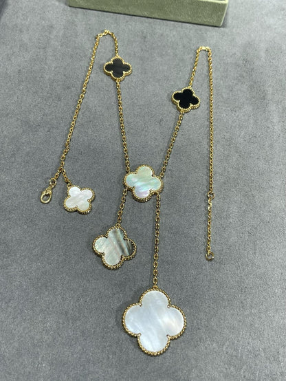 [ROSE]CLOVER 6 MOTIF MOP ONYX GOLD NECKLACE