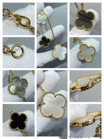 [ROSE]CLOVER 6 MOTIF MOP ONYX GOLD NECKLACE