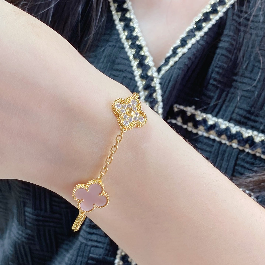 [ROSE]CLOVER 5 MOTIF DIAMOND PINK MOP PINK GOLD BRACELET