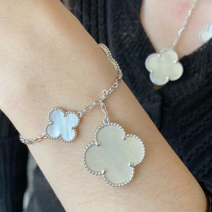 [ROSE]CLOVER 5 MOTIF WHITE MOP SILVER BRACELET