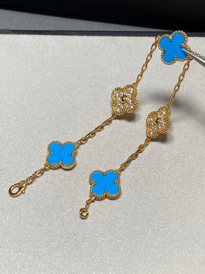 [ROSE]CLOVER 5 MOTIF BLUE CHALCEDONY DIAMOND GOLD BRACELET