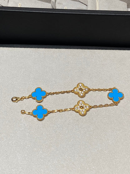 [ROSE]CLOVER 5 MOTIF BLUE CHALCEDONY DIAMOND GOLD BRACELET