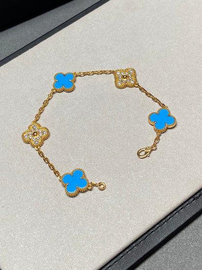 [ROSE]CLOVER 5 MOTIF BLUE CHALCEDONY DIAMOND GOLD BRACELET