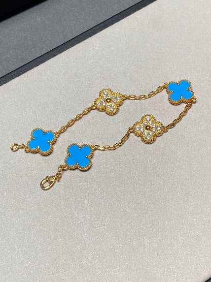 [ROSE]CLOVER 5 MOTIF BLUE CHALCEDONY DIAMOND GOLD BRACELET