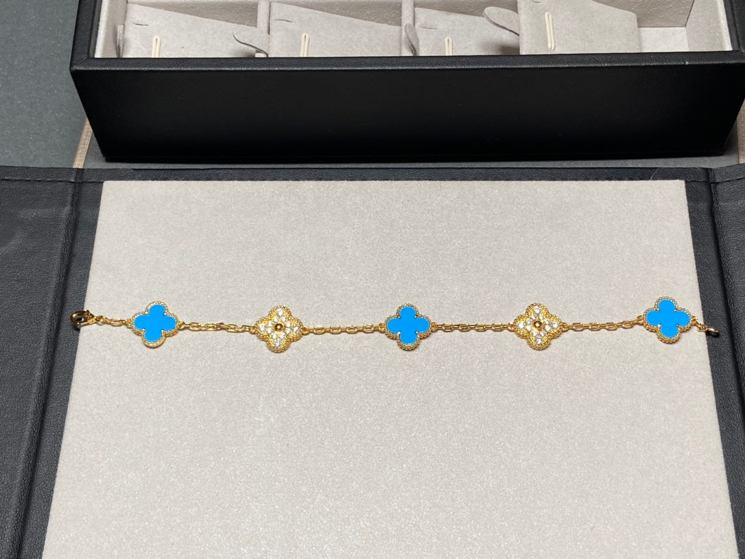 [ROSE]CLOVER 5 MOTIF BLUE CHALCEDONY DIAMOND GOLD BRACELET