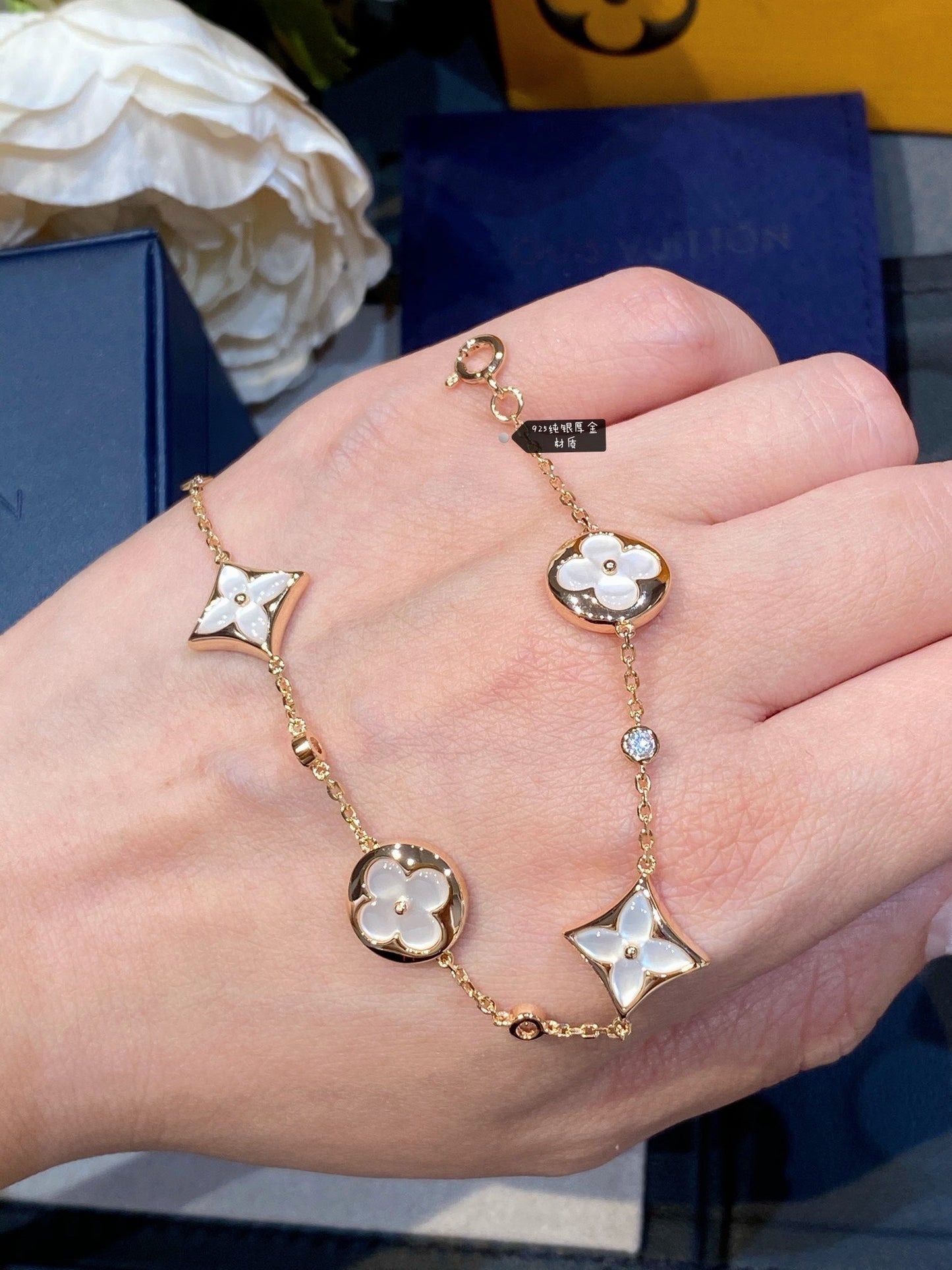 [Rose Jewels]STAR AND SUN 4 MOTIF WHITE MOP PINK GOLD BRACELET