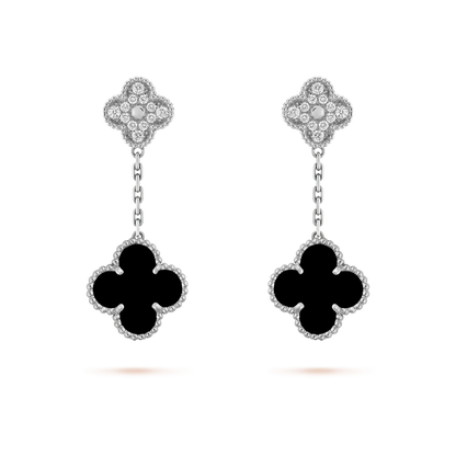 [ROSE]CLOVER 2 MOTIFS  DIAMOND ONYX EARRINGS SILVER