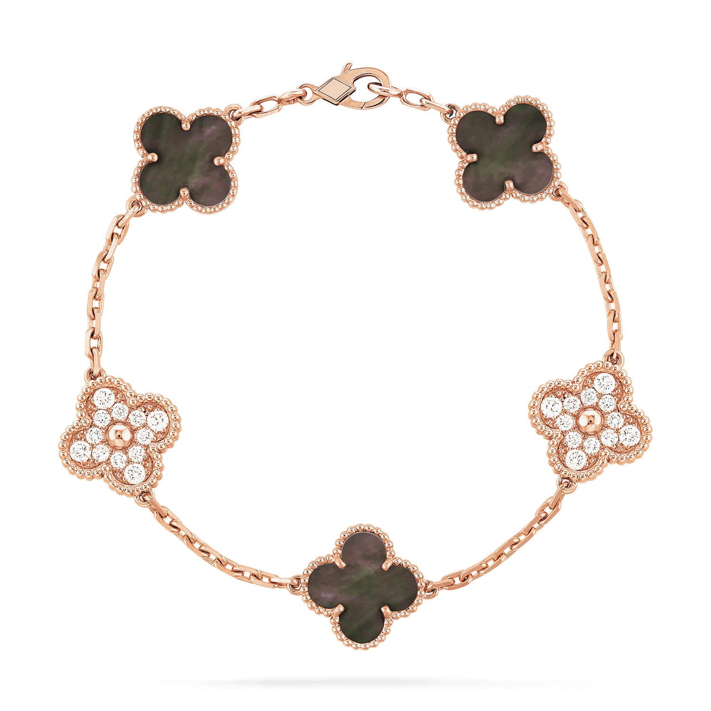 [ROSE]CLOVER 5 MOTIFS DARK MOP AND DIAMONDS PINK GOLD BRACELET