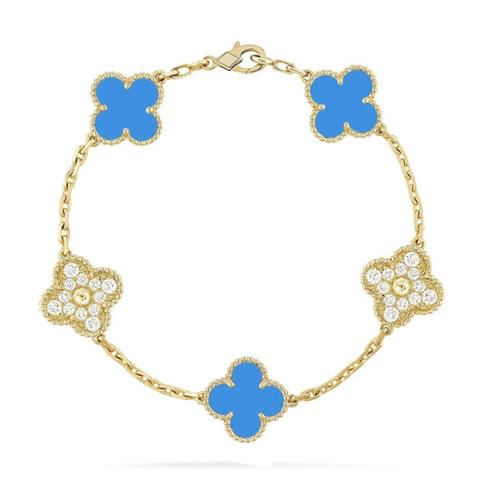 [ROSE]CLOVER 5 MOTIF BLUE CHALCEDONY DIAMOND GOLD BRACELET