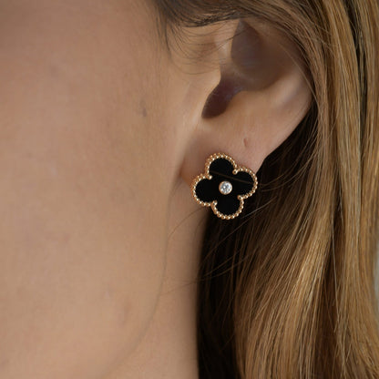 [ROSE]CLOVER MEDIUM 1 MOTIFS ONYX DIAMOND EARRINGS