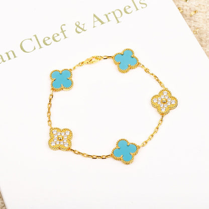 [ROSE]CLOVER 5 MOTIF TURQUOISE DIAMOND GOLD BRACELET