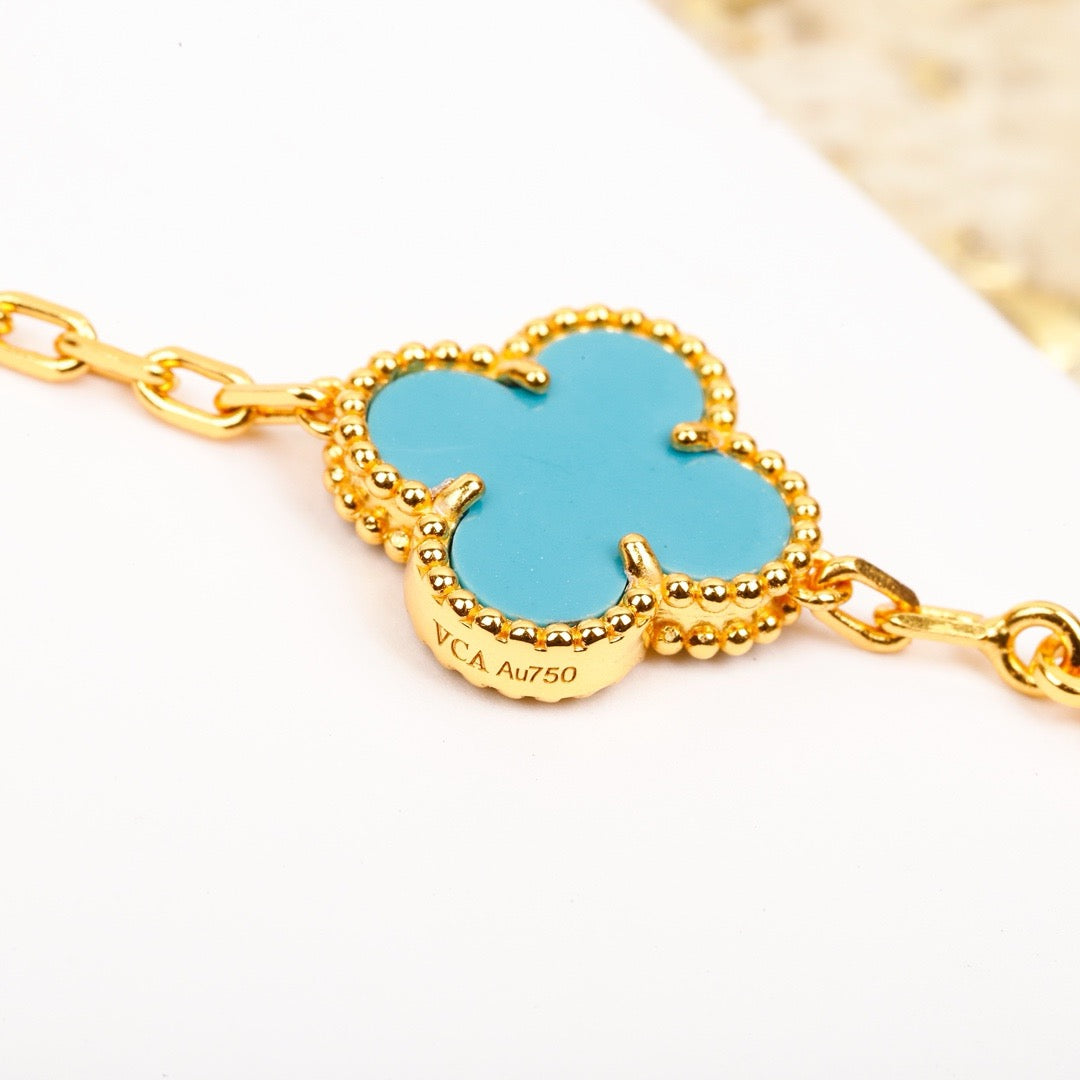 [ROSE]CLOVER 5 MOTIF TURQUOISE DIAMOND GOLD BRACELET