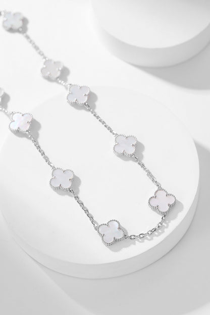 [ROSE] Clover 10 Flower White Mother of Pearl Necklace. Silver.