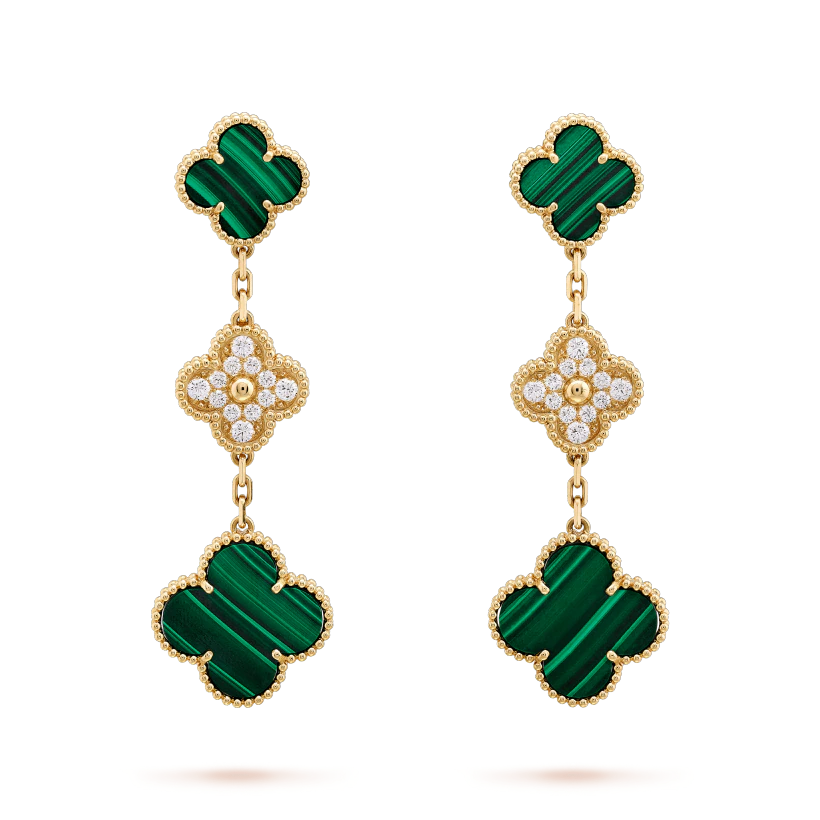 [ROSE]CLOVER EARRINGS GOLD MALACHITE DIAMOND 3 MOTIF