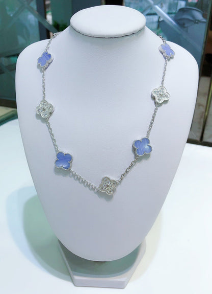 [ROSE]CLOVER 10 MOTIFS CHALCEDONY DIAMONDS SILVER NECKLACE