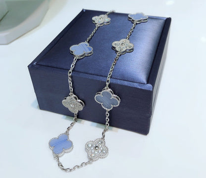 [ROSE]CLOVER 10 MOTIFS CHALCEDONY DIAMONDS SILVER NECKLACE