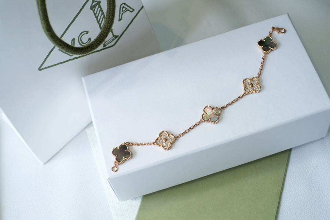 [ROSE]CLOVER 5 MOTIFS DARK MOP AND DIAMONDS PINK GOLD BRACELET