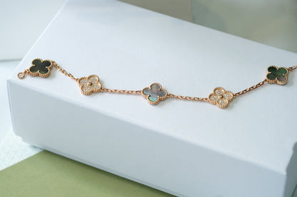 [ROSE]CLOVER 5 MOTIFS DARK MOP AND DIAMONDS PINK GOLD BRACELET