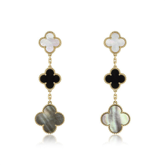 [ROSE]CLOVER EARRINGS GOLD ONYX MOP 3 MOTIF